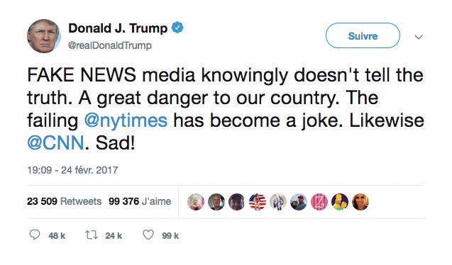 Capture d'écran d'un tweet de Donald Trump au sujet des médias et des fake news.