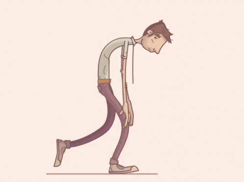 Illustration animée: un homme marche lentement, courbé vers l'avant et déprimé.
