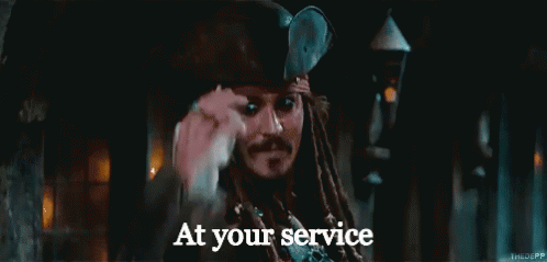 Image animée: Le capitaine Jack Sparrow faisant un salut de la tête avec le slogan "At your service"