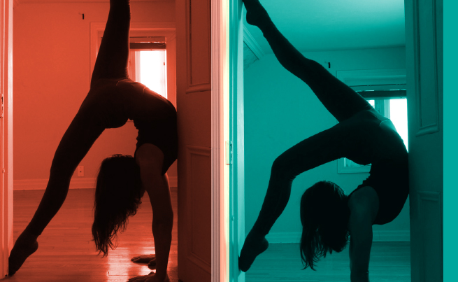 Silhouette d'une artiste de cirque dans un mouvement de gymnastique