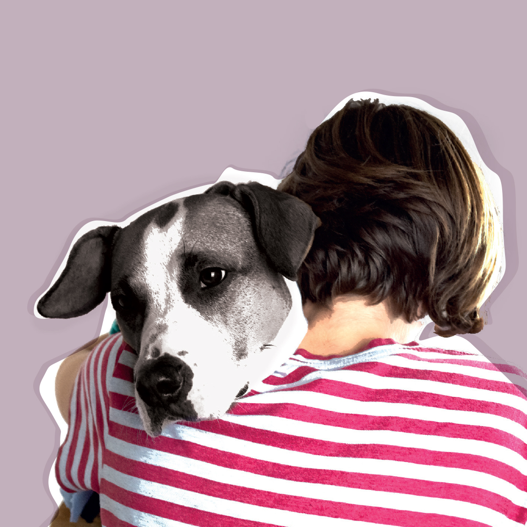Une personne de dos qui tient un chien dans ses bras